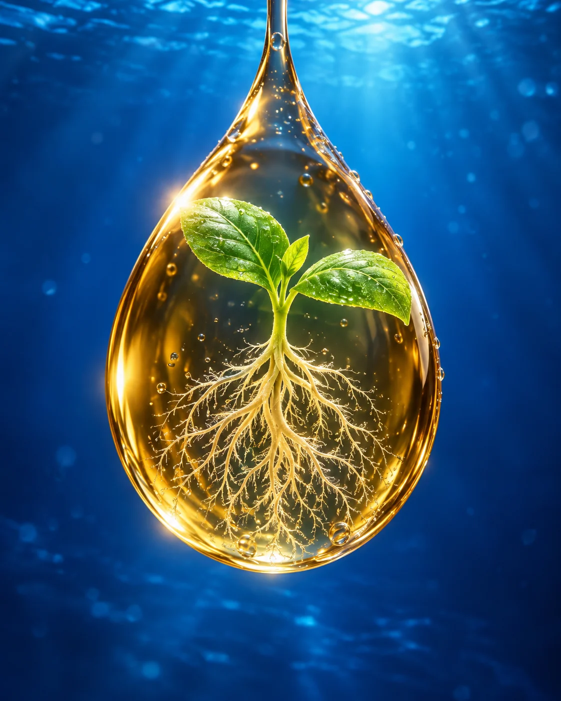 Composição artística: planta com raízes dentro de uma gota âmbar sobre um fundo azul marinho